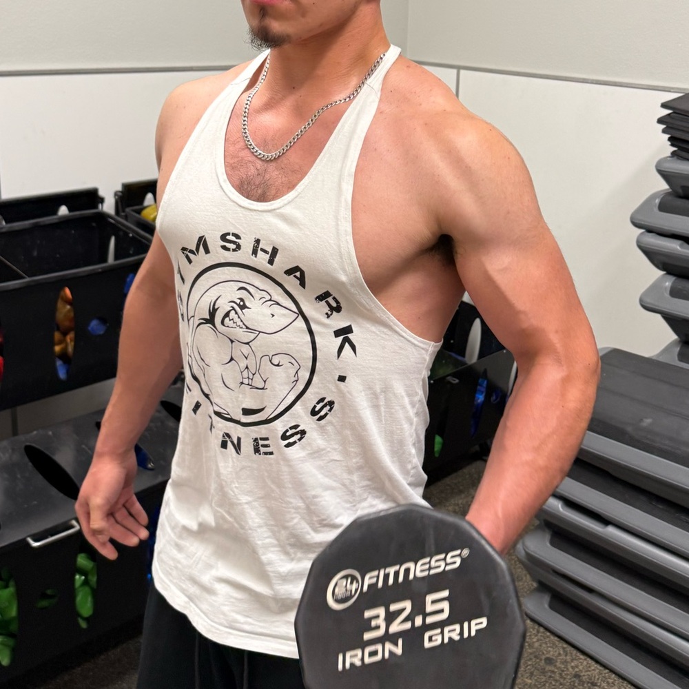 GYMSHARK MEN WHITE BLACK LOGO TANK TOP STRINGER VEST SHIRT WEIGHT LIFTING ACTIVE
